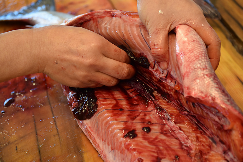 大きな魚の血合いは手でかきだしちゃいましょう
