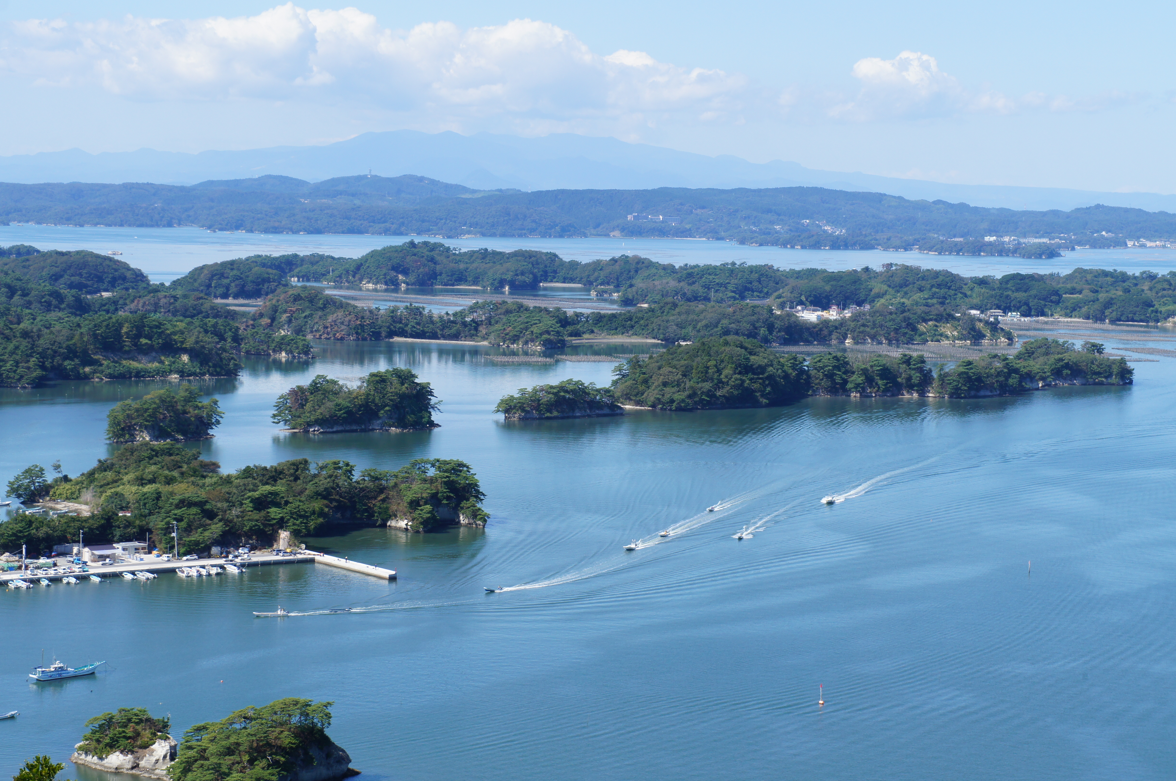 Panoramic view of the scenic islands and blue bay from Mount Otakamori in Higashimatsushima, Miyagi