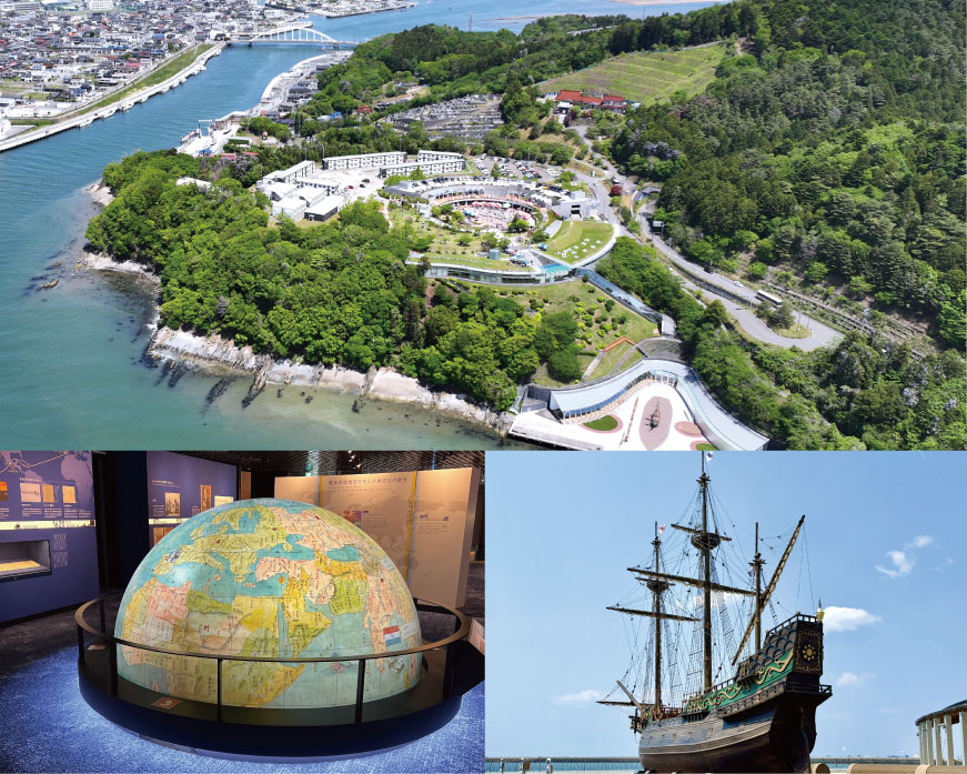 A detailed replica of the historic Japanese-built Western-style sailing ship, Sant Juan Bautista, in Ishinomaki